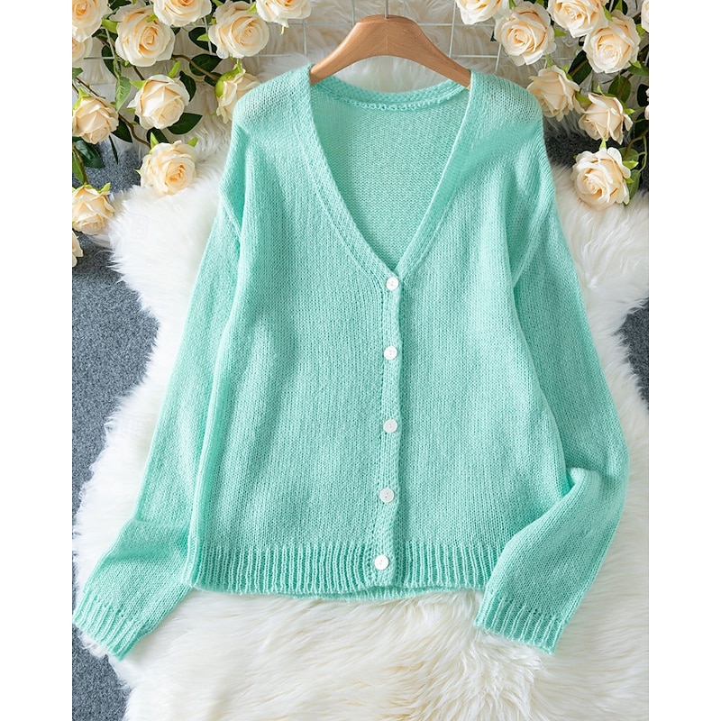 Women's Sweater Cardigan Streetwear Casual Solid Color V Neck Buttons Knitted Long Sleeve Regular Tops Knit Daily Holiday Going out Light Blue Fall Winter2