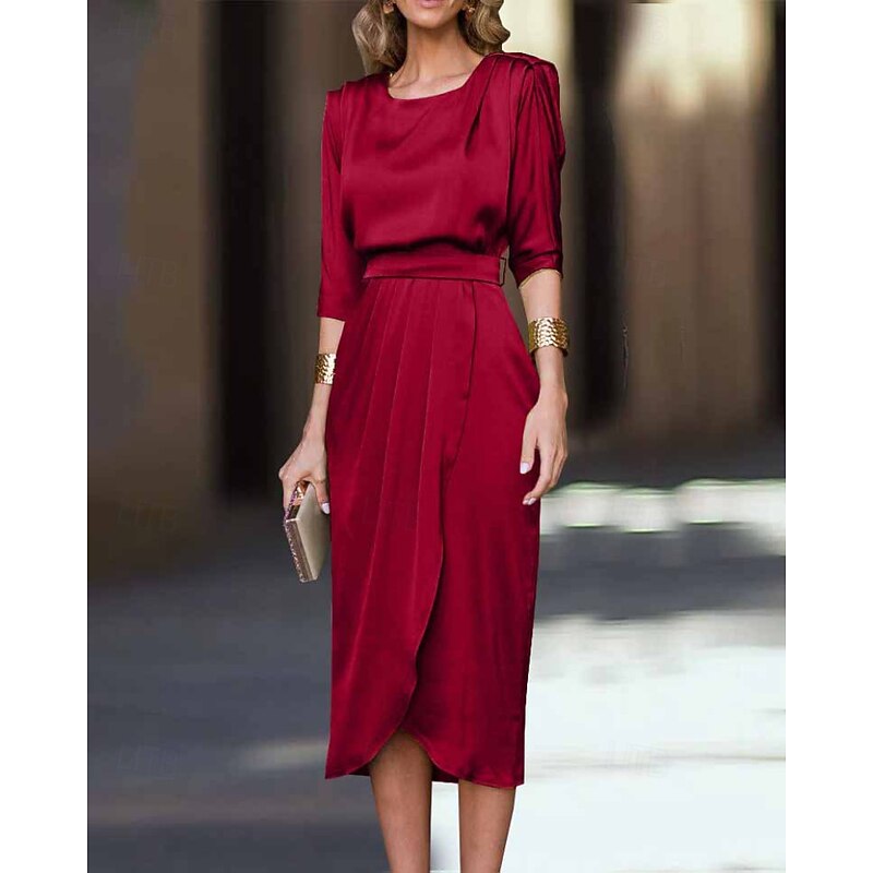 Women's Midi Dress Cocktail Dress Satin Dress Formal Dress Elegant Dress Elegant Fashion Modern Outdoor Office Regular Fit Plain Long Sleeve Crew Neck Wine Green Fall Winter