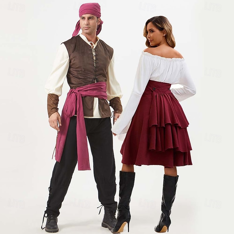 Medieval Renaissance Outfits Halloween Group Couples Costumes Pirate Viking Fancy Dress Men's Women's Pirate Halloween Carnival Performance LARP Ren Faire Adults' Vest Shirt Pants
