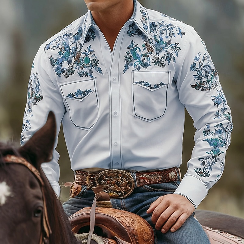 Men's Floral Print Flowers Shirt Western Shirt Cowboy Shirt Long Sleeve Vintage Retro Outdoor Casual WorkWear Spring Fall Turndown Front Two Pockets Linen Like Shirt Button Up Shirts Pink Blue Purple4