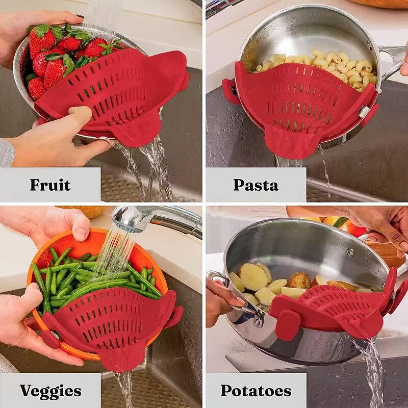 Adjustable Silicone Clip-On Strainer – Fits Pots and Bowls, No Electricity Needed, Perfect for Pasta, Vegetables, Fruits, Durable Flexible Handheld Kitchen Tool for Home & RV2