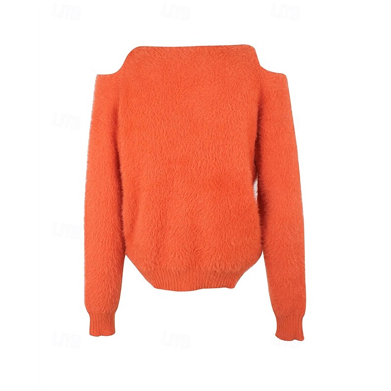 Women's Sweater Fashion Casual Soft Pure Color Ribbed Crew Neck Knitted Cold Shoulder Long Sleeve Regular Tops Knit Outdoor Daily Weekend Orange Fall Winter2