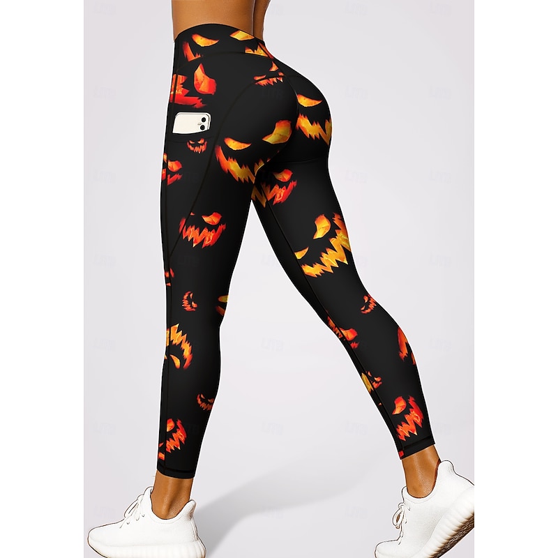 Women's Unisex pilates leggings fitness pants Gym Leggings Pockets Stamp Duty Side Pockets Pilates Gym Gym Workout Pants Tights Leggings Halloween Black / Orange Sports Activewear High Elasticity3