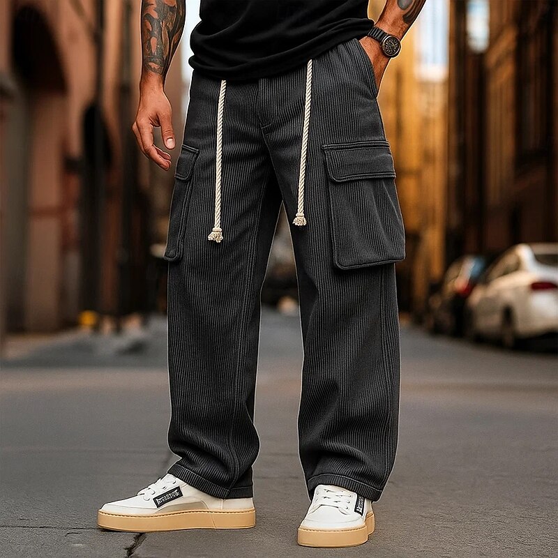 Men's Cargo Pants Cargo Trousers Corduroy Pants Zipper Pocket Buttons Solid Color Soft Breathable Full Length Formal Office Work Vacation Stylish Black White Inelastic4