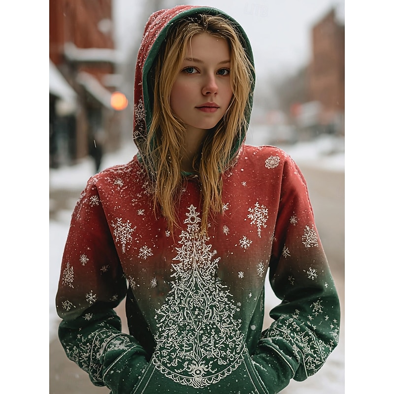Women's Pullover Hoodie Sweatshirt Graphic Christmas Tree Tribal Casual Long Sleeve Hooded Regular Tops Party Evening Wear Street Dailywear Red Fuchsia Green Spring Fall Winter2