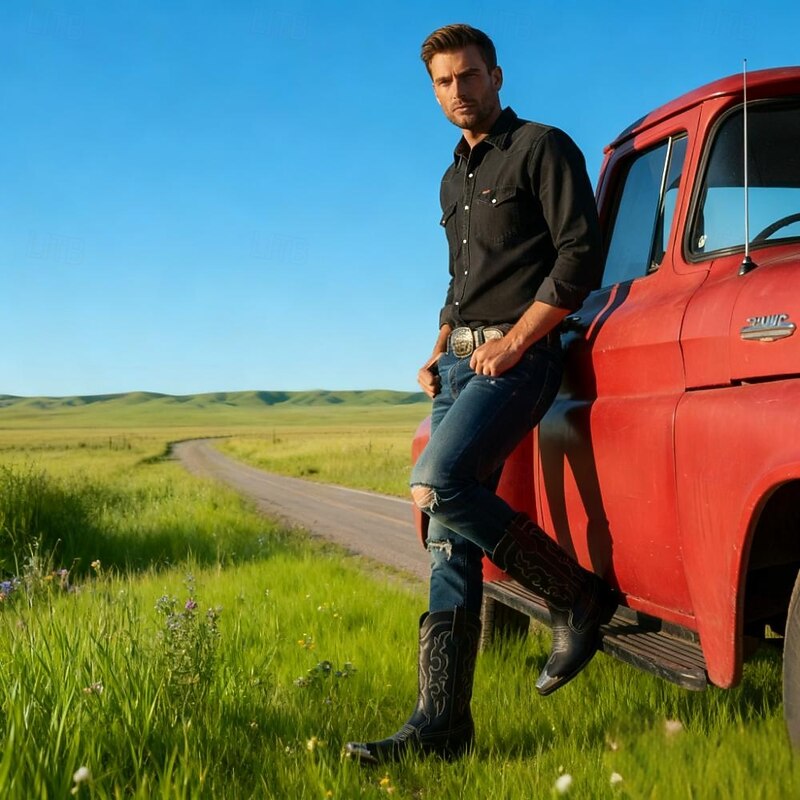 Men's Black Leather Western Boots with Silver Toe Cap and Decorative Stitching – Stylish Cowboy Boots for Rodeos, Country Events & Casual Wear2