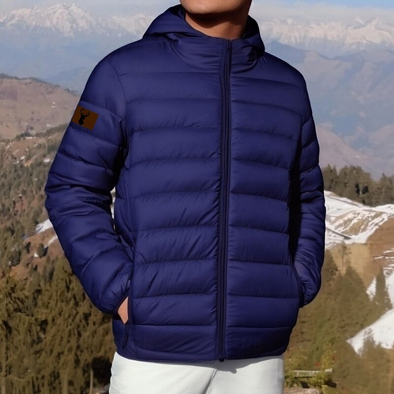 Men's Reindeer Print Winter Coat Down Jacket Puffer Jacket Thermal Warm Rain Waterproof Lightweight Casual Outdoor Daily Padded Quilted Hooded Jacket Fall Winter Hooded Long Sleeve Black Royal Blue3