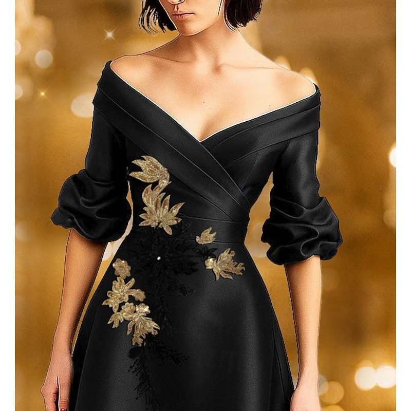 Black Red A-Line Evening Gown Elegant Formal Dress Formal Wedding Floor Length Long Sleeve Off Shoulder Satin with Glitter Sequin 20252