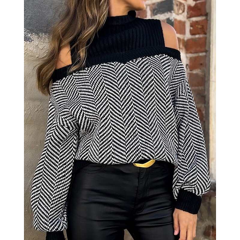 Women's Sweater Pullover Streetwear Casual Striped Turtleneck Patchwork Knitted Cold Shoulder Long Sleeve Regular Tops Knit Outdoor Holiday Going out Black Fall Winter2