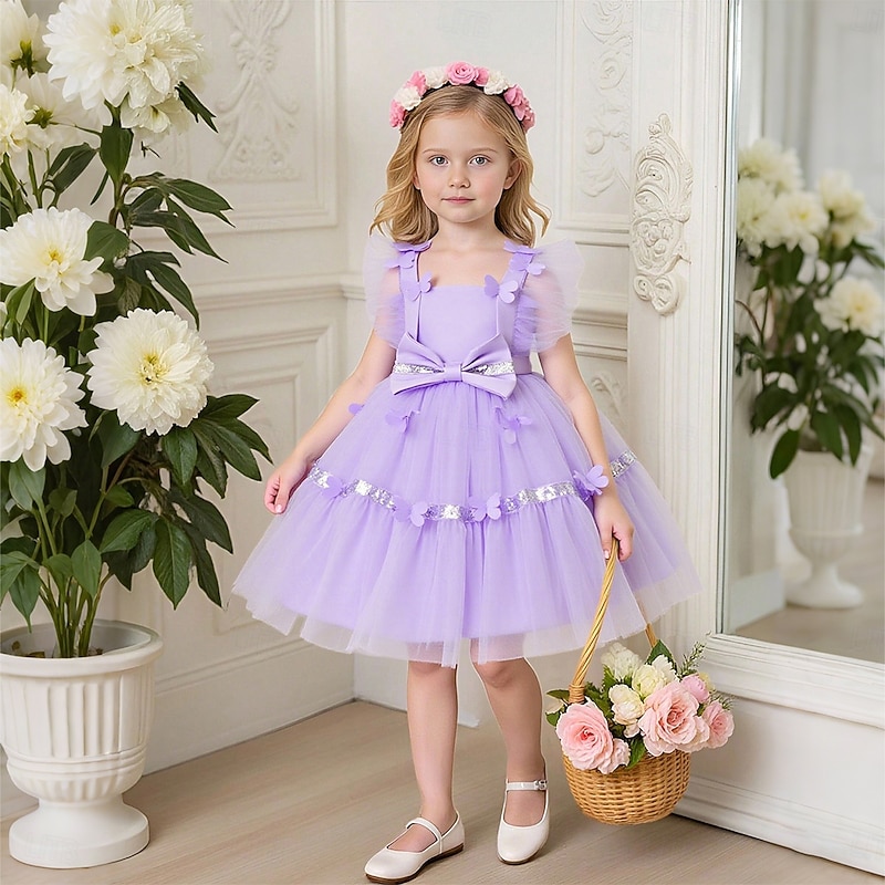 Kids Girls' Party Dress Solid Color Sleeveless Special Occasion Birthday Princess Sweet Polyester Midi Party Dress Summer Spring Fall kids Sky Blue Purple