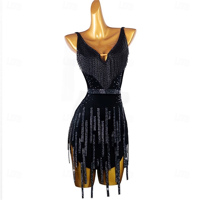 Women's Black Tassel Dance Wear Dance Dress Performance Wear