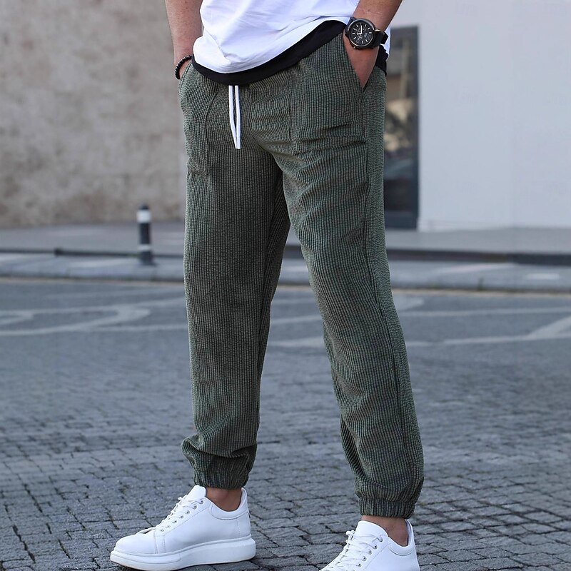 Men's Cargo Pants Joggers Trousers Corduroy Pants Casual Pants Drawstring Pocket Plain Comfort Full Length Outdoor Casual Daily Fashion Streetwear Dark Khaki Black Inelastic2