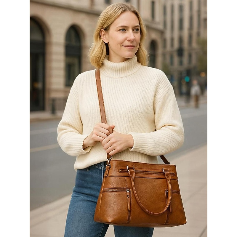 Women's Large Faux Leather Shoulder Tote Bag with Multiple Pockets, Stylish Handbag for Work, Travel and Everyday Use4