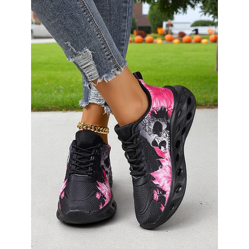 Women's Skull Print Sneakers – Gothic Halloween Casual Running Shoes for Party, Streetwear and Festivals3