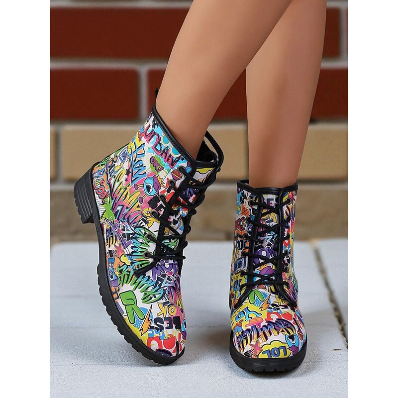 Women's Pink Floral Lace-Up Ankle Boots – Stylish Spring Fashion Combat Boots for Casual Outfits2