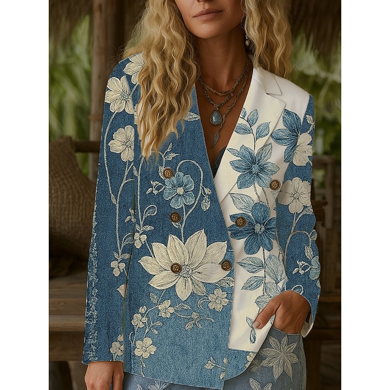 Women's Blazer Warm Comfortable Buttons Vintage Fashion Classic Modern Floral Vacation Home Casual Daily Double Breasted Regular Notch Lapel Regular Fit Long Sleeve Outerwear Blue Purple Green Spring