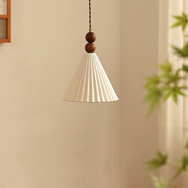 Pleated Fabric Tapered Pendant Light, Ceramic Wood Pendant Light, Hanging Lamp for Dining Room, Restaurant, Bar, Bedroom 85-265V