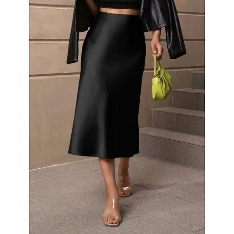 Women's Skirt Bodycon Elegant Fashion Midi High Waist Skirts Plain Micro-elastic Party Street Black Army Green Red Brown Spring Satin Polyester