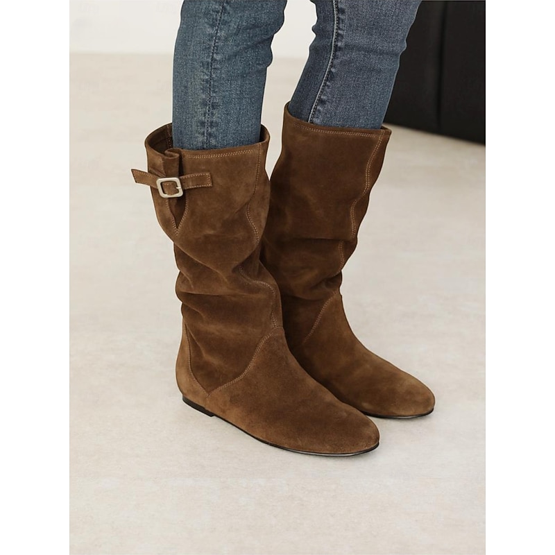 Women's Brown Leather Suede Mid-calf Boots with Faux Fur Lining for Winter Warmth, Stylish and Comfortable Footwear for Casual Wear2