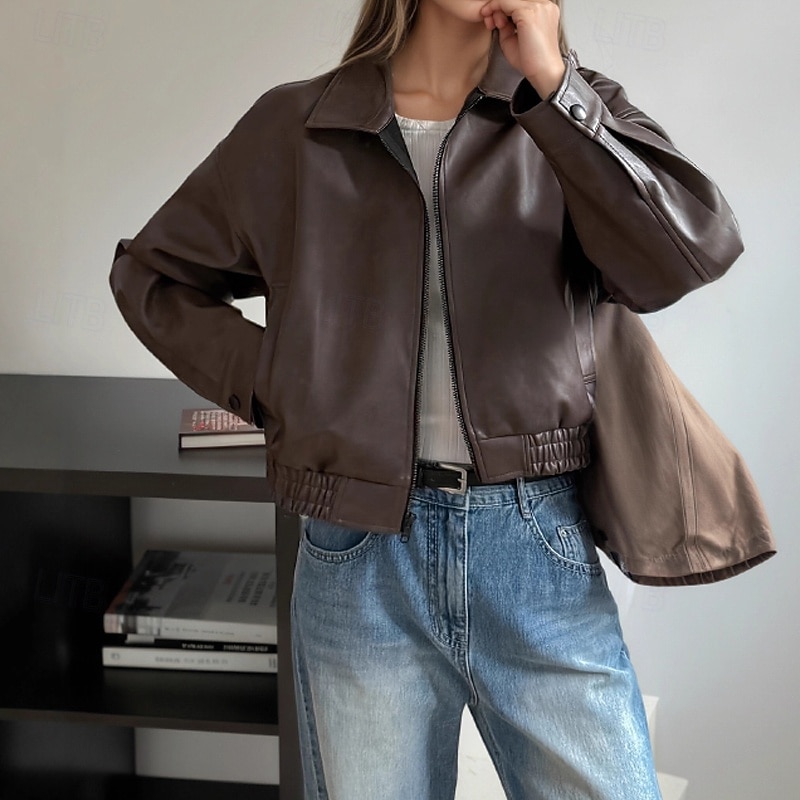 Women's Faux Leather Jacket Warm Comfortable Zipper Pocket Casual Plain Vacation Daily Wear Going out Weekend Regular Turndown Regular Fit Long Sleeve Outerwear Brown Fall Winter3
