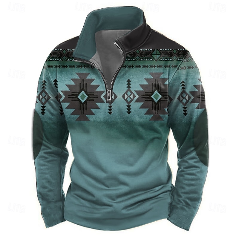 Men's Aztec Sweatshirt Ethnic Vintage Retro High Neck Outdoor Sports Outdoor Blue Dark Green Zipper Quarter Zip Fall Winter Designer3