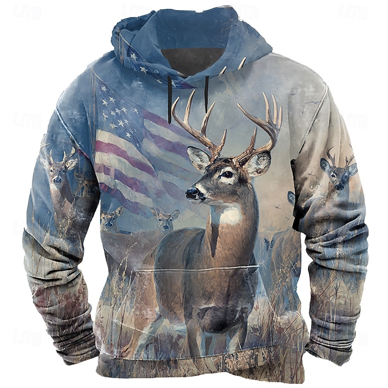 Men's American US Flag Deer Hoodie Sweatshirt Fashion Classic Crew Neck Outdoor Hunting Blue Brown Drawstring Fall Winter Designer2