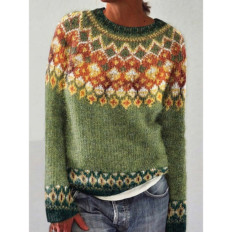 Women's Fair Isle Sweater Pullover Elegant Vintage Streetwear Geometric Ribbed Crew Neck Floral Long Sleeve Regular Tops Knit School Outdoor Home Blue Green Spring Fall - Main Image
