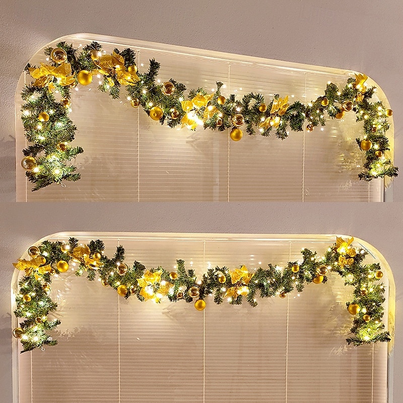 Christmas Garland with Lights, Artificial Green Christmas Garland for Stair Railings Mantle Decorations with Red Flowers, Berry Clusters Needle Pine and Balls, Winter Outdoor Indoor Decor3