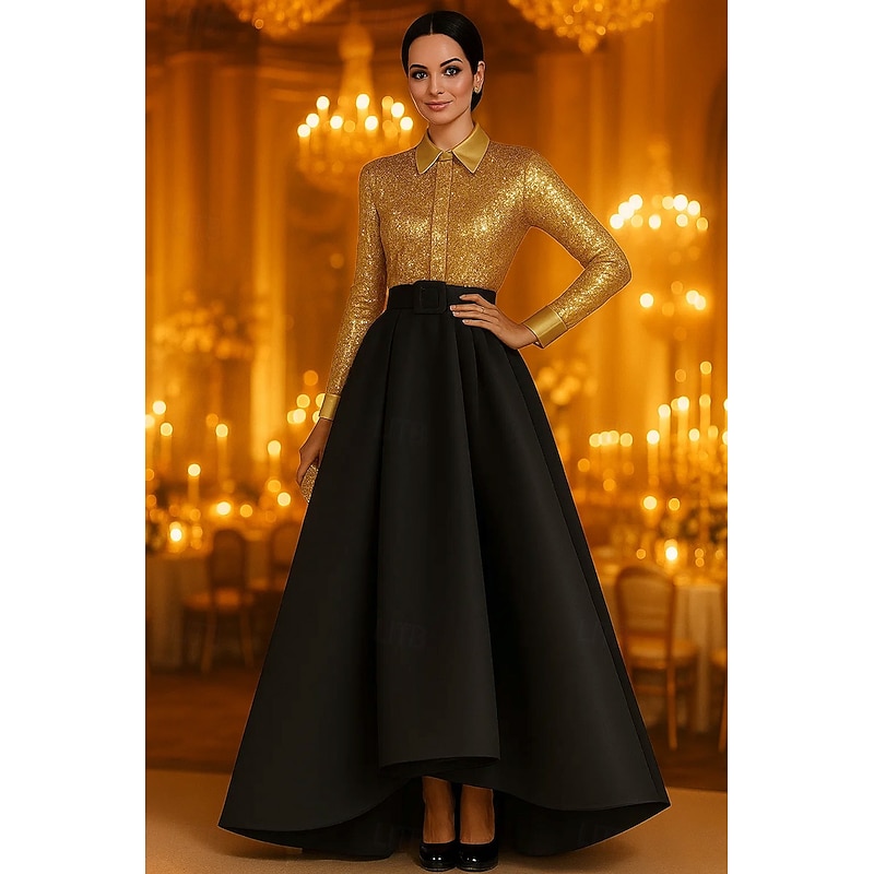 Black and Gold A-Line Evening Gown Shirtdress Gown Elegant Formal Dress Formal Wedding Floor Length Long Sleeve Shirt Collar Pocket Satin with Sequins and Pleats 2025
