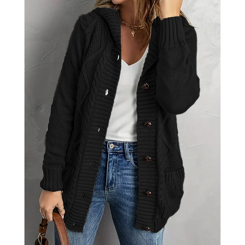 Women's Sweater Cardigan Streetwear Casual Solid Color Hooded Buttons Knitted Long Sleeve Regular Tops Knit Daily Holiday Weekend Wine Red Black Fall Winter2
