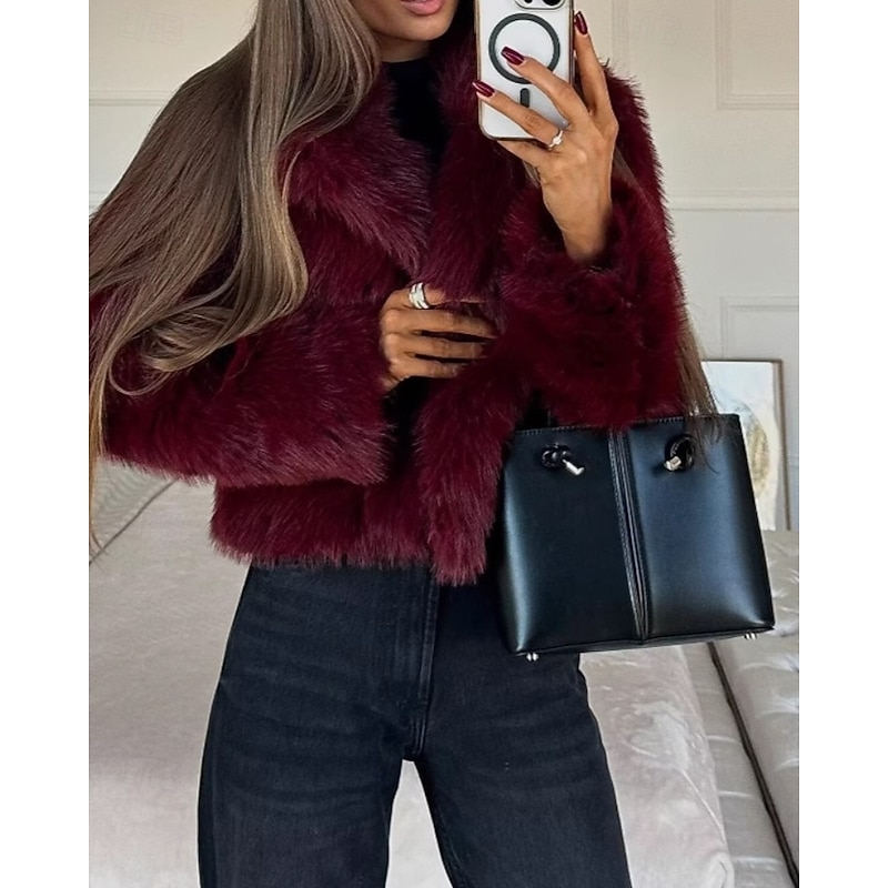 Women's Faux Fur Coat Warm Comfortable Furs & Leathers Casual Plain Vacation Street Daily Wear Weekend Short Turndown Regular Fit Long Sleeve Outerwear Wine Fall Winter4