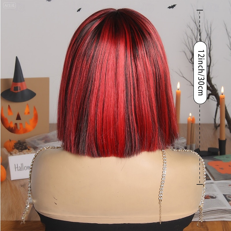 Synthetic Wig Straight Natural Straight Middle Part Neat Bang Wig 12 inch Black / Red Synthetic Hair 12 inch Women's Soft Comfy Mixed Color4