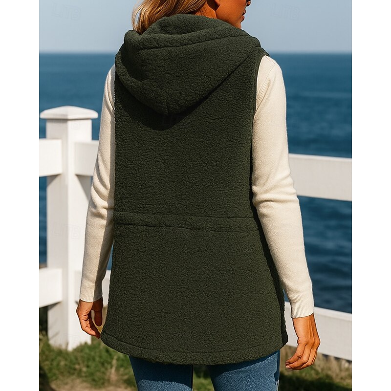 Women's Hooded Vest Polar Fleece Vest Drawstring Sleeveless Top Athleisure Solid Colored Warm Outdoor Travel Sports Sportswear Activewear Army Green2