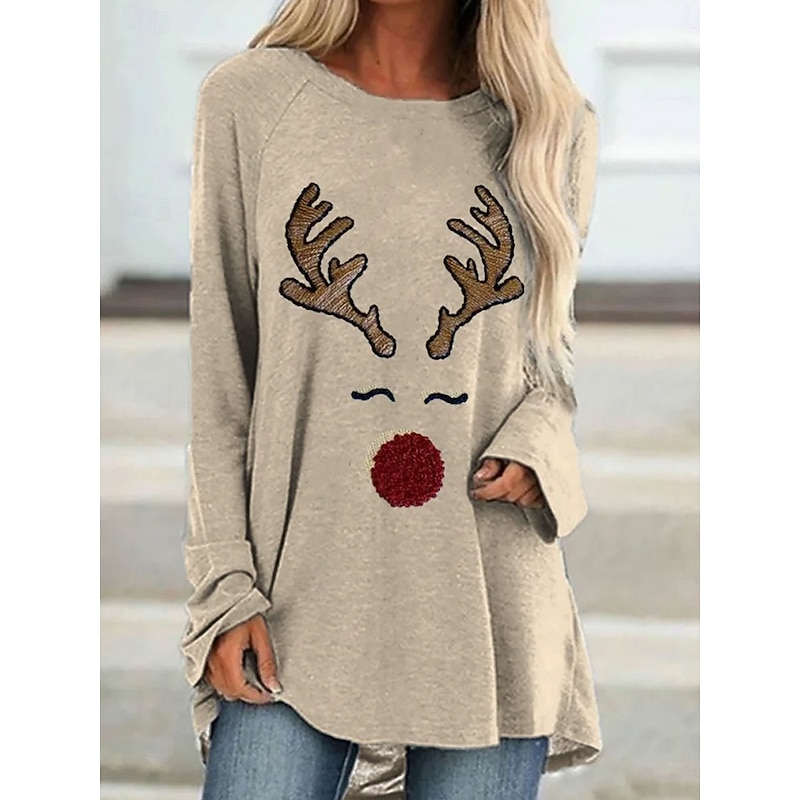 Christmas Women's T Shirt Graphic Reindeer Vintage Stylish Classic Long Sleeve Crew Neck Regular Tops Daily Going out Weekend Print Pink Blue Green Khaki Spring Fall Winter