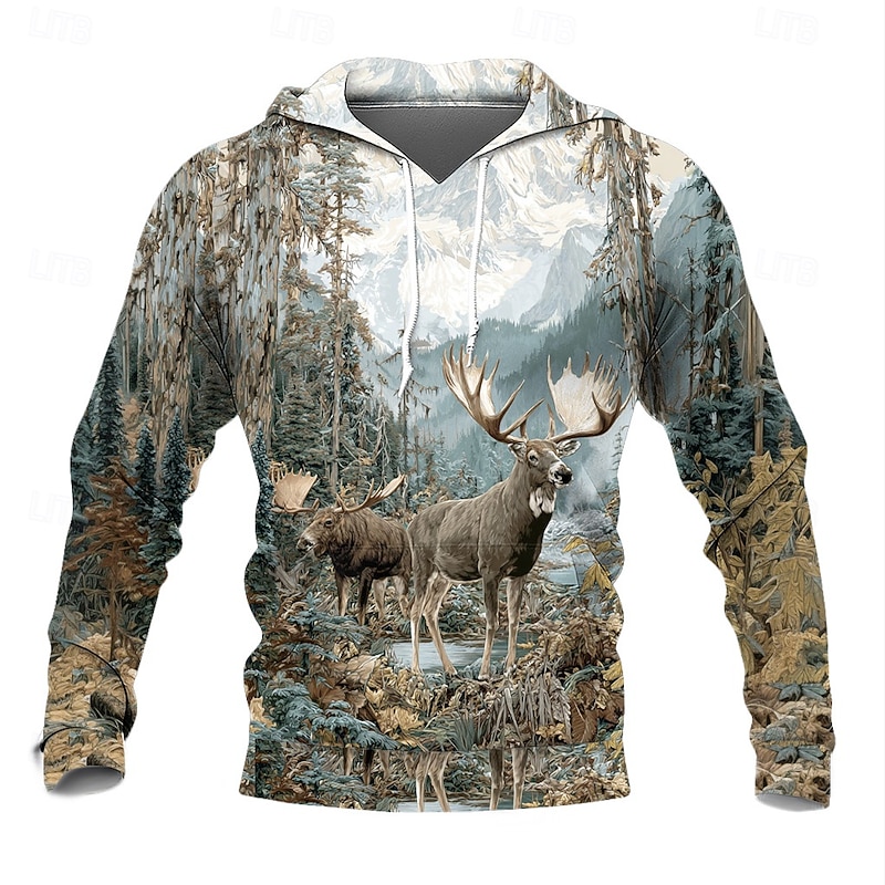Men's Deer Hoodie Sweatshirt Fashion Classic Crew Neck Outdoor Hunting Gray Gray 2 Drawstring Fall Winter Designer4