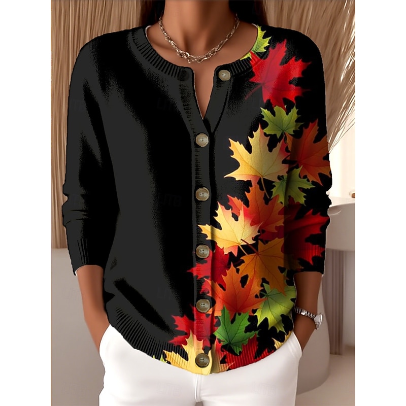 Women's Cardigan Fashion Daily Casual Floral Ribbed Crew Neck Buttons Print Long Sleeve Regular Tops Knit Outdoor Daily Date Red Fall Winter