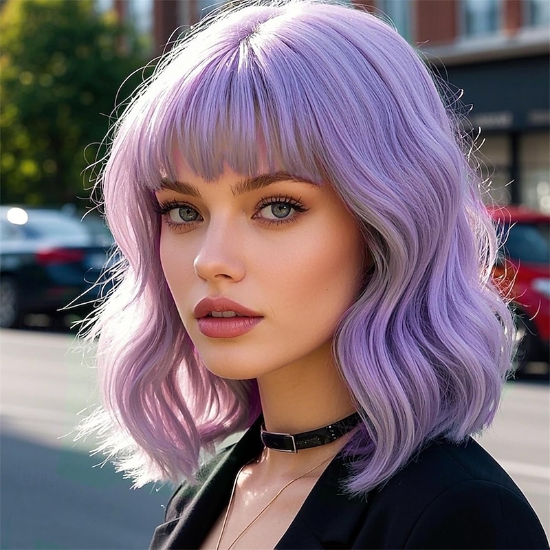 Purple Wig with Bangs Soft Short Bob Wavy Wigs for Women Synthetic Shoulder Length Women's Curly Wigs for Halloween Costumes Cosplay Daily