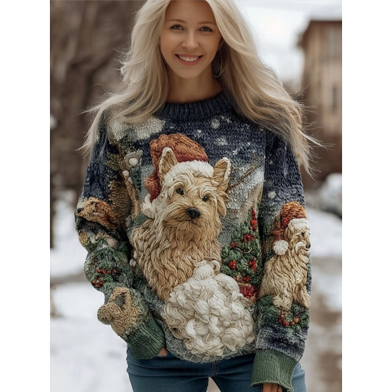Women's Sweater Fashion Casual Graphic Animal Crew Neck Knitted Long Sleeve Regular Tops Knit Work Daily White Blue Fall Winter