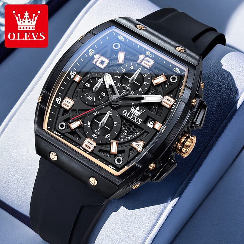 OLEVS 2976 Mens Watch Fashion Silicone Strap Tonneau Chronograph Quartz Watch Waterproof Luminous Sports Date Watches