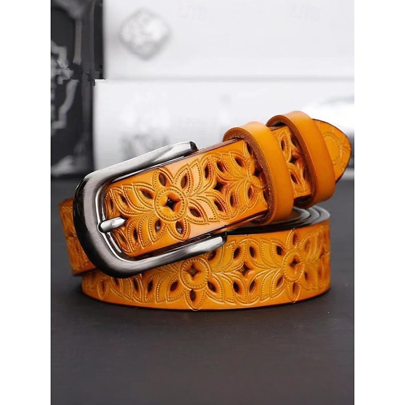 Women's Genuine Leather Belt – Vintage Floral Carved Design with Metal Buckle, Retro Waist Accessory for Jeans, Dresses & Casual Outfits3