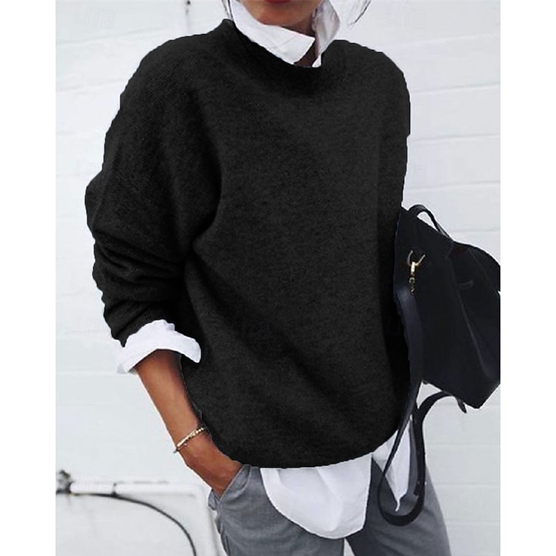 Women's Sweater Pullover Daily Stylish Casual Solid Color Ribbed Shirt Collar Knitted Long Sleeve Regular Tops Knit Daily Holiday Going out Black Yellow Fall Winter4