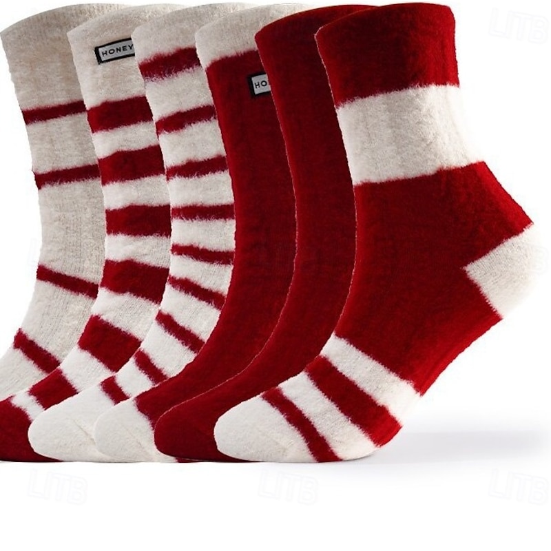 Winter Thermal Socks for Women, Thick Fuzzy Cotton Crew Socks with Plush Lining, Warm Red Striped Indoor Floor Socks, Cozy Home Sleep Socks for Cold Weather