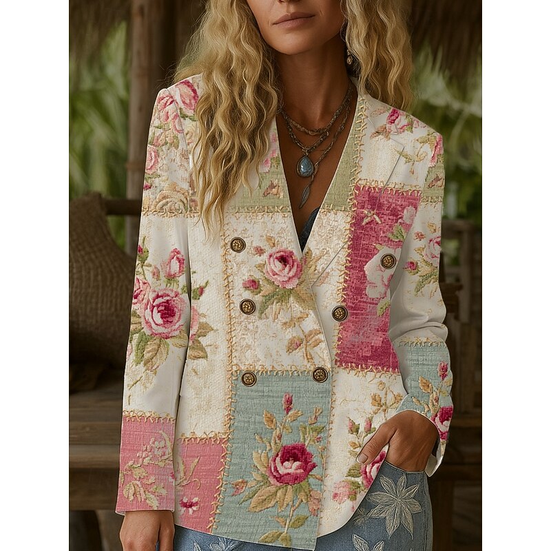 Women's Blazer Warm Comfortable Buttons Vintage Fashion Classic Modern Floral Vacation Home Casual Daily Double Breasted Regular Notch Lapel Regular Fit Long Sleeve Outerwear White Pink Green Fall3