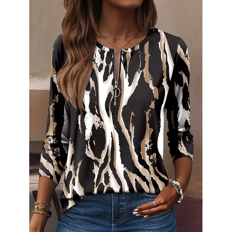 Women's T Shirt Graphic Leopard Fashion Casual Long Sleeve Crew Neck Regular Tops Daily Zipper Print Black Brown Khaki Spring Fall Winter2
