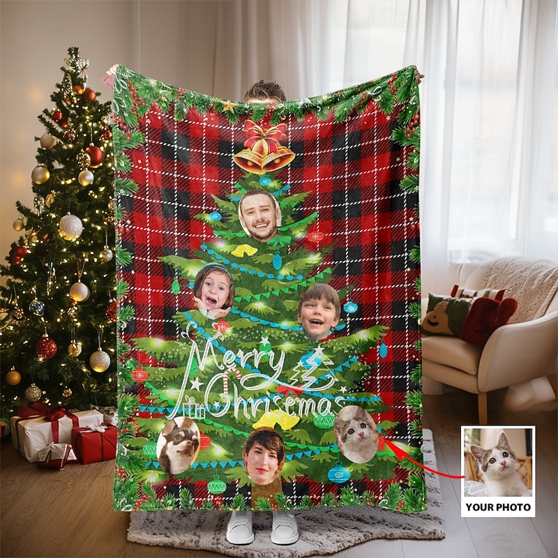 Personalized Customized Christmas Fleece Blanket With Face Print Christmas Tree Design Cozy Warm Throw Blanket Holiday Gift For Family Friends Home Decorations