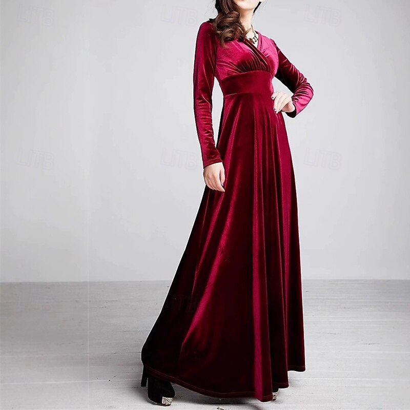 Women's Midi Dress Velvet Dress Cocktail Dress Elegant Fashion Modern Outdoor Party Party Evening Wear Regular Fit Plain Long Sleeve V Neck Black Wine Blue Green Spring Autumn4