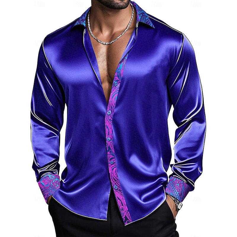 Men's Shirt Satin Shirt Dress Shirt Casual Shirt Button Up Shirt Prom Shirt Plain Wedding Party Champagne Blue Purple Long Sleeve Lapel All Seasons Clothing Apparel Patchwork