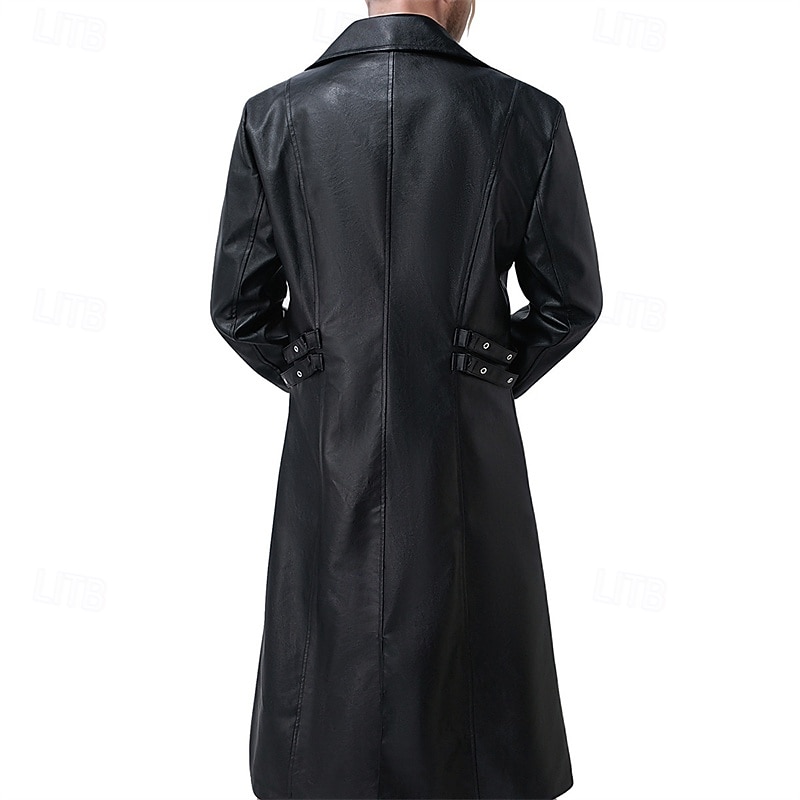Men's Overcoat Trench Coat Long Trench Coat Vacation Daily Fall Winter Faux Leather Windproof Outerwear Clothing Apparel Fashion Classic Plain Pocket Lapel Single Breasted2