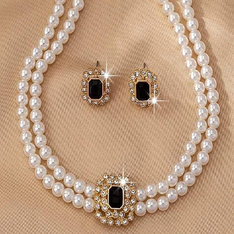 Luxury Elegant Double Row Square Necklace and Earrings Set, Fashion Jewelry for Women