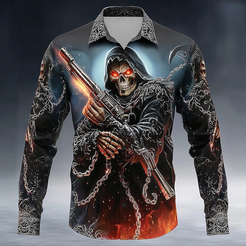 Halloween Men's Grim Reaper Hellfire Flames Shirt Button Up Shirt Long Sleeve Dark Punk Gothic Style Outdoor Holiday Summer Spring Turndown 3D Print Collared Shirts Black 1 Black